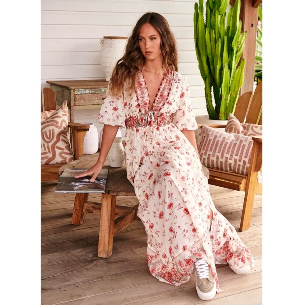 Free People Lysette V-Neck Floral Maxi Dress In Tea Combo NWT Size S